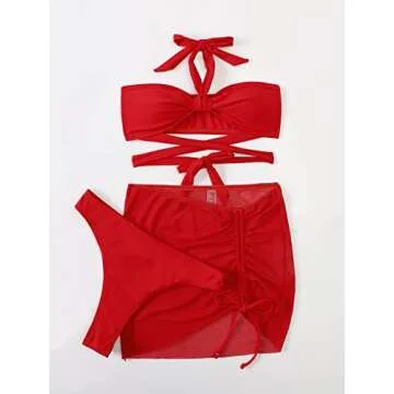 Milumia Women's 3 Piece Halter Swimsuits Solid Lace Up Bikini Set with Drawstring Mesh Cover Up Skirt Red