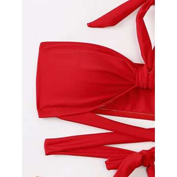 Milumia Women's 3 Piece Halter Swimsuits Solid Lace Up Bikini Set with Drawstring Mesh Cover Up Skirt Red