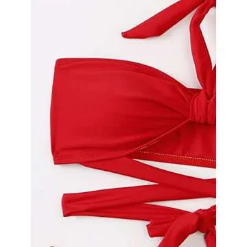 Milumia Women's 3 Piece Halter Swimsuits Solid Lace Up Bikini Set with Drawstring Mesh Cover Up Skirt Red