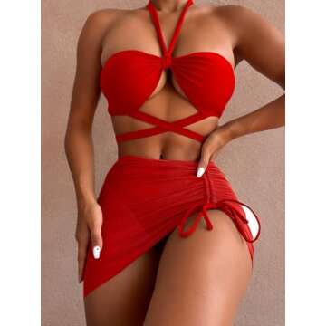 Milumia Women's 3 Piece Halter Swimsuits Solid Lace Up Bikini Set with Drawstring Mesh Cover Up Skirt Red