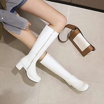 CELNEPHO Women's Fashion Knee High Boots, Round Toe Slim Chunky Mid Heel Platform Riding Knight Mid ...