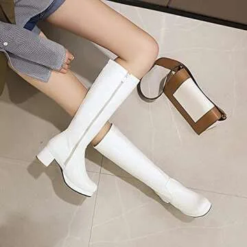 CELNEPHO Women's Fashion Knee High Boots, Round Toe Slim Chunky Mid Heel Platform Riding Knight Mid ...