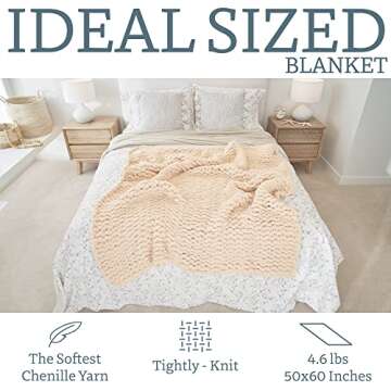 BIRCHIO Beige Extra Soft Chunky Knit Blanket Throw, 100% Hand Knit with Chenille Yarn, Super Fluffy and Extra Soft, Big Throw Blanket (Beige,50 * 60inch)