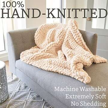 BIRCHIO Beige Extra Soft Chunky Knit Blanket Throw, 100% Hand Knit with Chenille Yarn, Super Fluffy and Extra Soft, Big Throw Blanket (Beige,50 * 60inch)