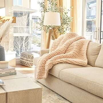 BIRCHIO Beige Extra Soft Chunky Knit Blanket Throw, 100% Hand Knit with Chenille Yarn, Super Fluffy and Extra Soft, Big Throw Blanket (Beige,50 * 60inch)