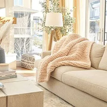 BIRCHIO Beige Extra Soft Chunky Knit Blanket Throw, 100% Hand Knit with Chenille Yarn, Super Fluffy and Extra Soft, Big Throw Blanket (Beige,50 * 60inch)