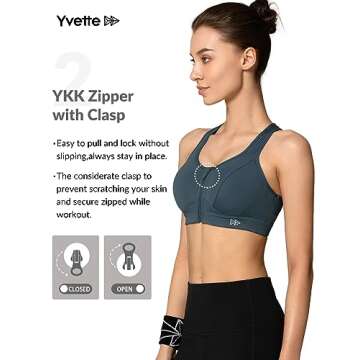 Yvette Zip Front Sports Bra - High Impact Sports Bras for Women Plus Size Workout Fitness Running,Haze Blue,M Plus