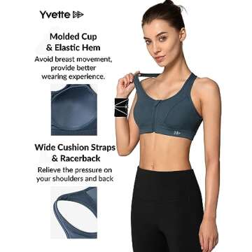 Yvette Zip Front Sports Bra - High Impact Sports Bras for Women Plus Size Workout Fitness Running,Haze Blue,M Plus