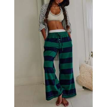 ZIZERY Women’s Striped Wide Leg Pants Adjustable Drawstring Elastic Waist Lounge Pants Pajama Trousers with Pockets