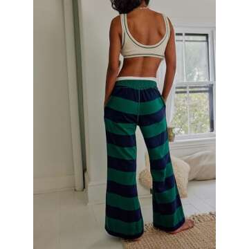 ZIZERY Women’s Striped Wide Leg Pants Adjustable Drawstring Elastic Waist Lounge Pants Pajama Trousers with Pockets