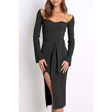 LILLUSORY Long Sleeve Corset Midi Dress Square Neck Pullover Ribbed Knit Sweater Sexy Party Outfits Chunky Winter Clothes Black