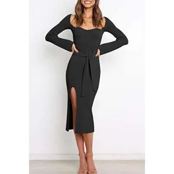 LILLUSORY Long Sleeve Corset Midi Dress Square Neck Pullover Ribbed Knit Sweater Sexy Party Outfits Chunky Winter Clothes Black