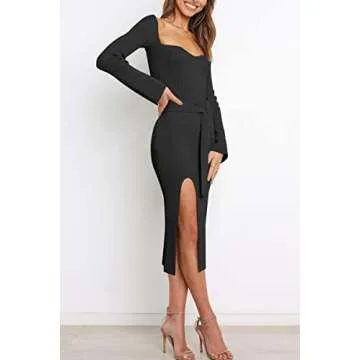LILLUSORY Long Sleeve Corset Midi Dress Square Neck Pullover Ribbed Knit Sweater Sexy Party Outfits Chunky Winter Clothes Black