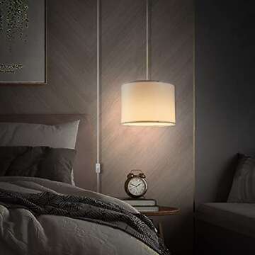 KUAUGST Plug in Pendant Light, 15 FT Hanging Lamp with Plug in Cord, On/Off Switch, Pendant Lighting with Fabric Shade, Hanging Light Fixture for Living Room, Bedroom, Dining Room, Kitchen (White)