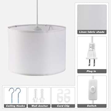 KUAUGST Plug in Pendant Light, 15 FT Hanging Lamp with Plug in Cord, On/Off Switch, Pendant Lighting with Fabric Shade, Hanging Light Fixture for Living Room, Bedroom, Dining Room, Kitchen (White)