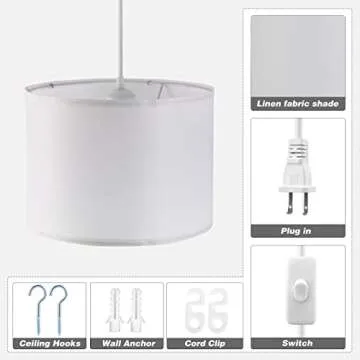 KUAUGST Plug in Pendant Light, 15 FT Hanging Lamp with Plug in Cord, On/Off Switch, Pendant Lighting with Fabric Shade, Hanging Light Fixture for Living Room, Bedroom, Dining Room, Kitchen (White)
