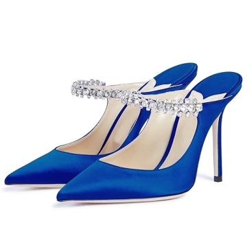 Jimishow Heeled Mules For Women Strappy Blue Satin Mule Heels Pointy Closed Toe 4” Heel Bridal Sho...