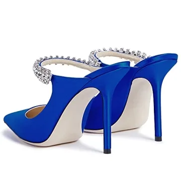 Jimishow Heeled Mules For Women Strappy Blue Satin Mule Heels Pointy Closed Toe 4” Heel Bridal Shoes Slip on Party Dress Sandals Size 5-13 US