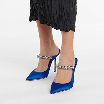 Jimishow Heeled Mules For Women Strappy Blue Satin Mule Heels Pointy Closed Toe 4” Heel Bridal Shoes Slip on Party Dress Sandals Size 5-13 US