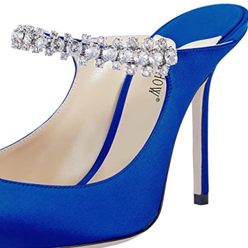 Jimishow Heeled Mules For Women Strappy Blue Satin Mule Heels Pointy Closed Toe 4” Heel Bridal Shoes Slip on Party Dress Sandals Size 5-13 US