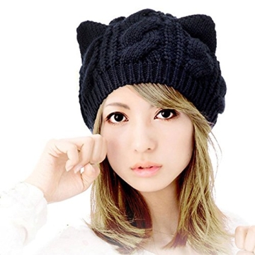 Ewanda store Women Winter Wool Baggy Beret Beanie Cute Devil Cat Ear Crochet Braided Knit Hat Ski Ca...
