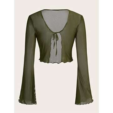 Verdusa Women's Sheer Shrug Crop Top Long Sleeve Tie Front Lettuce Trim Mesh Open Cardigan Top Army ...