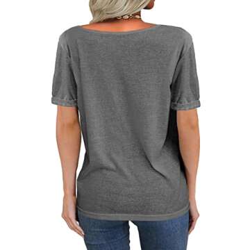 Danedvi Women Fashion Deep V-Neck Short Sleeve Tops Solid Casual Loose Basic T Shirt Gray