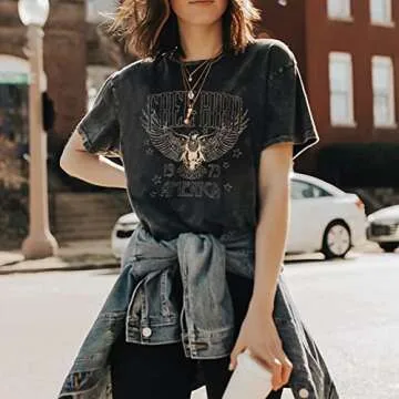 Women Vintage Rock Band T-Shirt America Free Bird Eagle Graphic Bleached Tee Rock Lovers Shirt Casua...