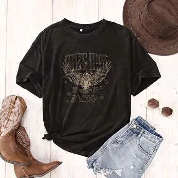 Women Vintage Rock Band T-Shirt America Free Bird Eagle Graphic Bleached Tee Rock Lovers Shirt Casual Short Sleeve Top(Charcoal Black-55, S)
