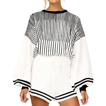 Gihuo Women's Stylish Striped Knit Pullover Shorts Set