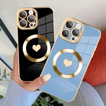 tharlet Magnetic Shockproof for iPhone 13 Pro Max Case [Compatible with Magsafe] Cute Love Luxury Plating Edge Bumper Case with Full Camera Lens Case for iPhone 13 Pro Max Phone Case, Blue (6.7")