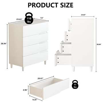 AWQM 4 White Drawer Dressers for Bedroom, Wooden Chest of 4 Drawers, Modern Wide Storage File Cabine...
