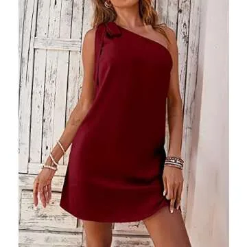 Guteidee 2023 Women's One Shoulder Dress Casual Tie Bow Knot Sleeveless Mini Dress Wedding Guest Dress Cocktail Party Dresses Maroon Small