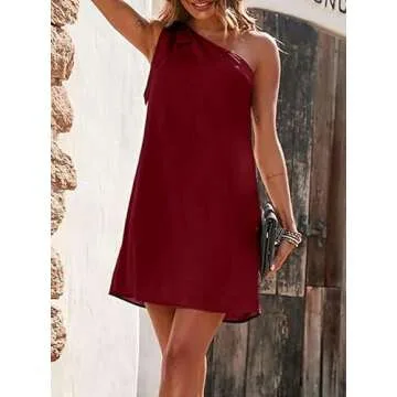 Guteidee 2023 Women's One Shoulder Dress Casual Tie Bow Knot Sleeveless Mini Dress Wedding Guest Dress Cocktail Party Dresses Maroon Small