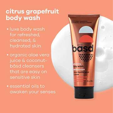 basd Natural Body Wash, Refreshing Citrus Grapefruit | Organic & Moisturizing Ingredients, Vegan, Hypoallergenic, 8 Ounce Tube