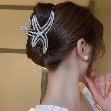 Jumwrit Big Metal Boho Starfish Jaw Clip with Shiny Rhinestones, Imitation Pearl Hair Clamp - Strong Hold Fashion Hair Styling Accessories for Women Girls (Silver)