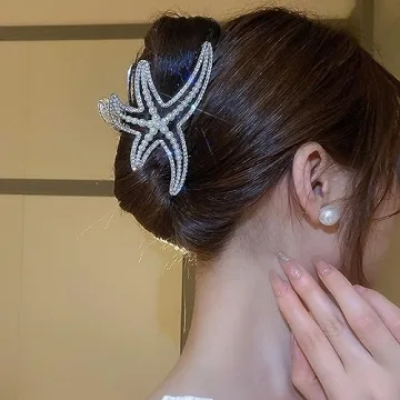 Jumwrit Big Metal Boho Starfish Jaw Clip with Shiny Rhinestones, Imitation Pearl Hair Clamp - Strong Hold Fashion Hair Styling Accessories for Women Girls (Silver)