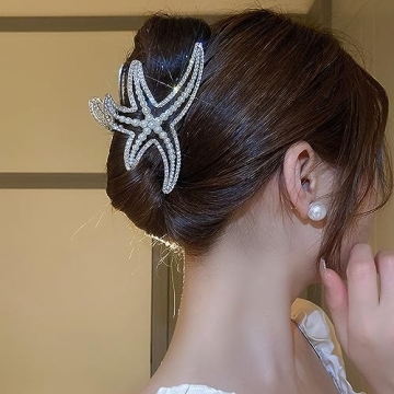 Jumwrit Big Metal Boho Starfish Jaw Clip with Shiny Rhinestones, Imitation Pearl Hair Clamp - Strong Hold Fashion Hair Styling Accessories for Women Girls (Silver)