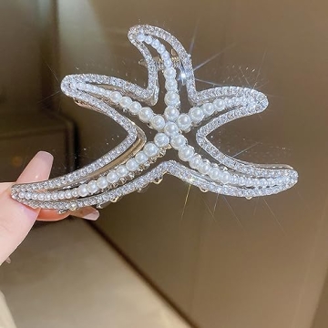 Jumwrit Big Metal Boho Starfish Jaw Clip with Shiny Rhinestones, Imitation Pearl Hair Clamp - Strong Hold Fashion Hair Styling Accessories for Women Girls (Silver)