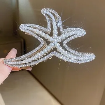 Jumwrit Big Metal Boho Starfish Jaw Clip with Shiny Rhinestones, Imitation Pearl Hair Clamp - Strong Hold Fashion Hair Styling Accessories for Women Girls (Silver)