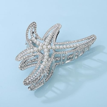 Jumwrit Big Metal Boho Starfish Jaw Clip with Shiny Rhinestones, Imitation Pearl Hair Clamp - Strong Hold Fashion Hair Styling Accessories for Women Girls (Silver)