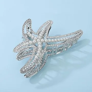 Jumwrit Big Metal Boho Starfish Jaw Clip with Shiny Rhinestones, Imitation Pearl Hair Clamp - Strong Hold Fashion Hair Styling Accessories for Women Girls (Silver)