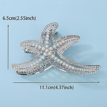 Jumwrit Big Metal Boho Starfish Jaw Clip with Shiny Rhinestones, Imitation Pearl Hair Clamp - Strong Hold Fashion Hair Styling Accessories for Women Girls (Silver)