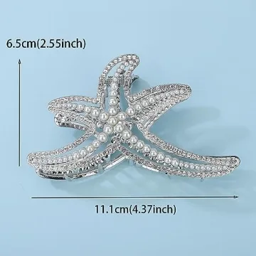 Jumwrit Big Metal Boho Starfish Jaw Clip with Shiny Rhinestones, Imitation Pearl Hair Clamp - Strong Hold Fashion Hair Styling Accessories for Women Girls (Silver)
