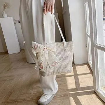 Stylish QTKJ Women Straw Beach Tote Bag for Summer