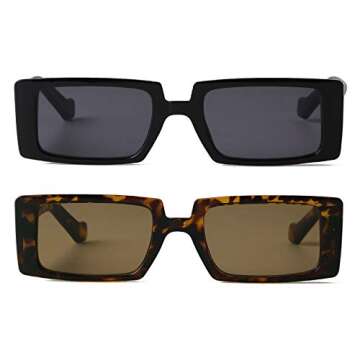 GIFIORE Trendy Rectangle Sunglasses Retro Cool 90s Vintage Fashion Narrow Square Frame UV400 Protection(2 Pack: Black & Tortoise)