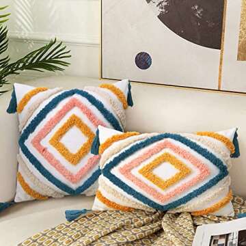 JASEN Boho Throw Pillow Cover, Woven Tufted Decorative Pillow Cover with Tassels