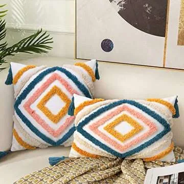 JASEN Boho Throw Pillow Cover, Woven Tufted Decorative Pillow Cover with Tassels
