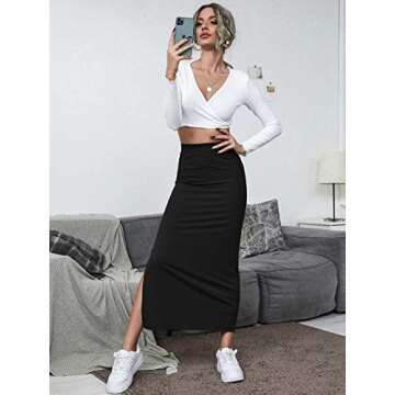 Verdusa Women's High Waisted Split Thigh Rib Knit Long Bodycon Skirt Black M