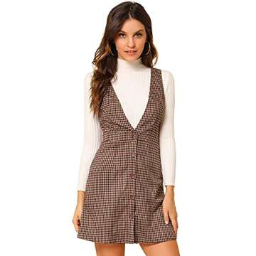 Allegra K Women's Overalls Suspenders Halloween V Neck Plaid Houndstooth Pinafore Dress X-Large Red Black